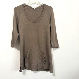 James Perse Tunic Top Knit 3 Large Taupe Kangaroo Pocket 3/4 Sleeve Casual Shirt